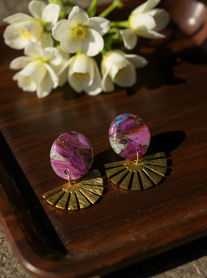 Pink Marble Fan Earrings