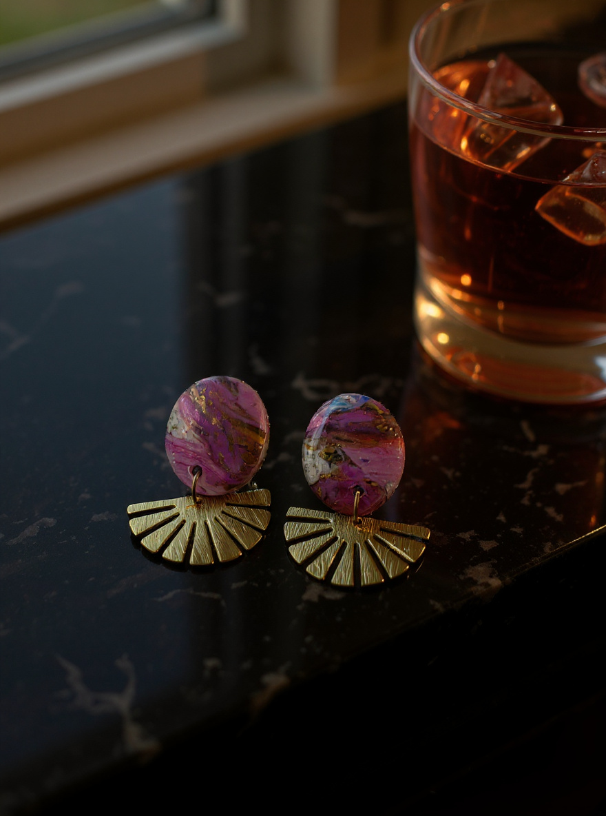 Pink Marble Fan Earrings