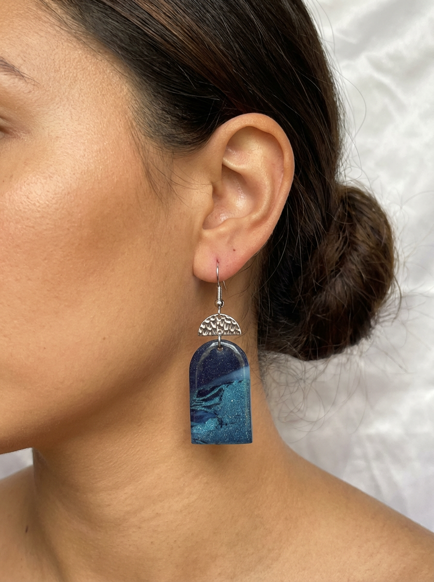 Navy Marble Fan Earrings