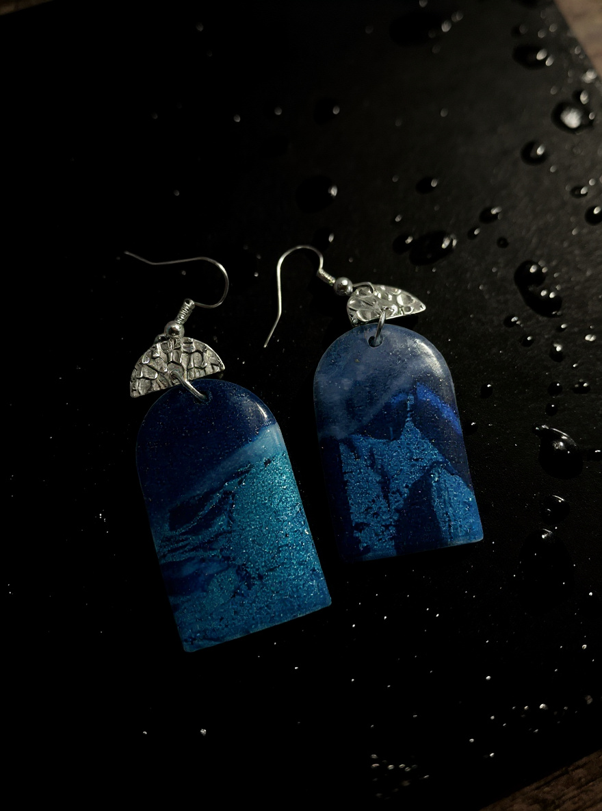 Navy Marble Fan Earrings