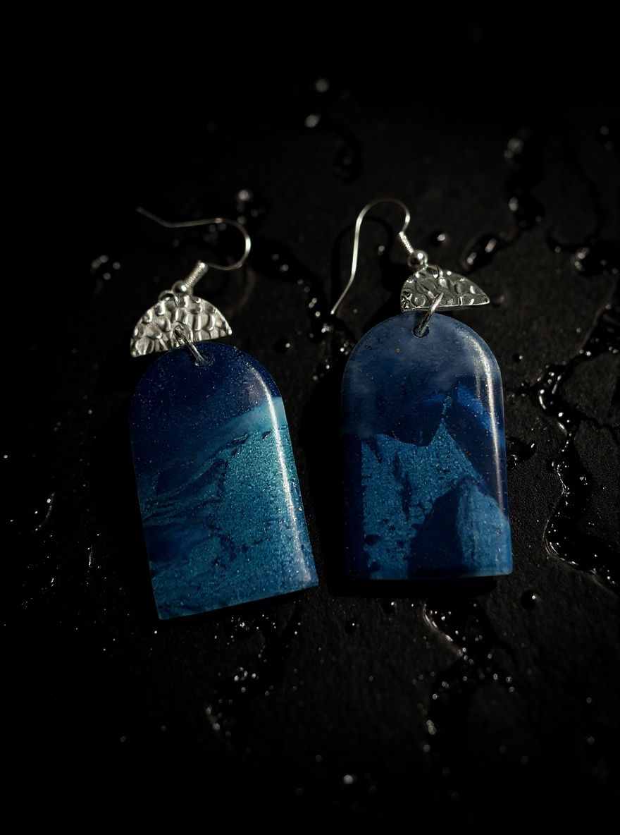 Navy Marble Fan Earrings