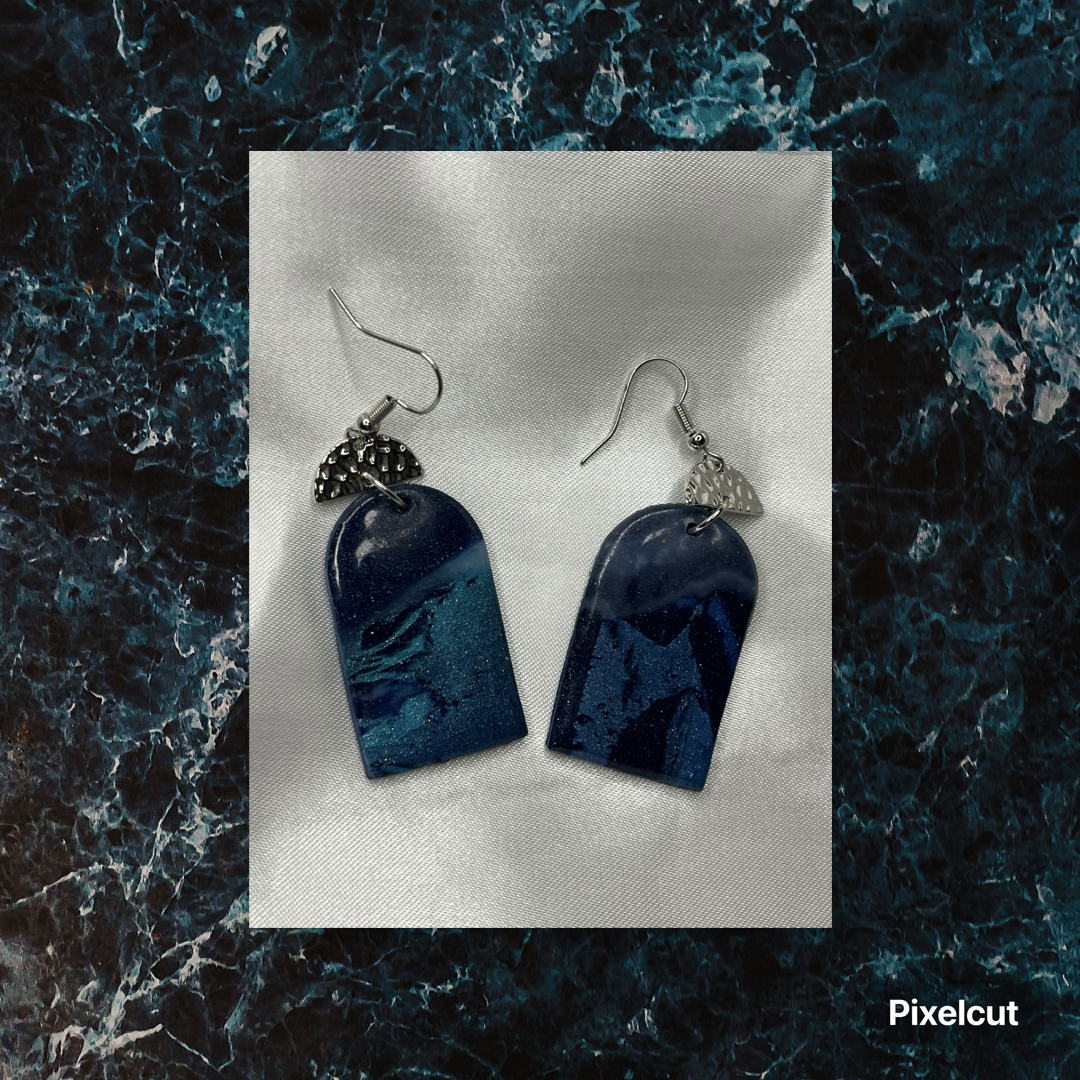 Navy Marble Fan Earrings