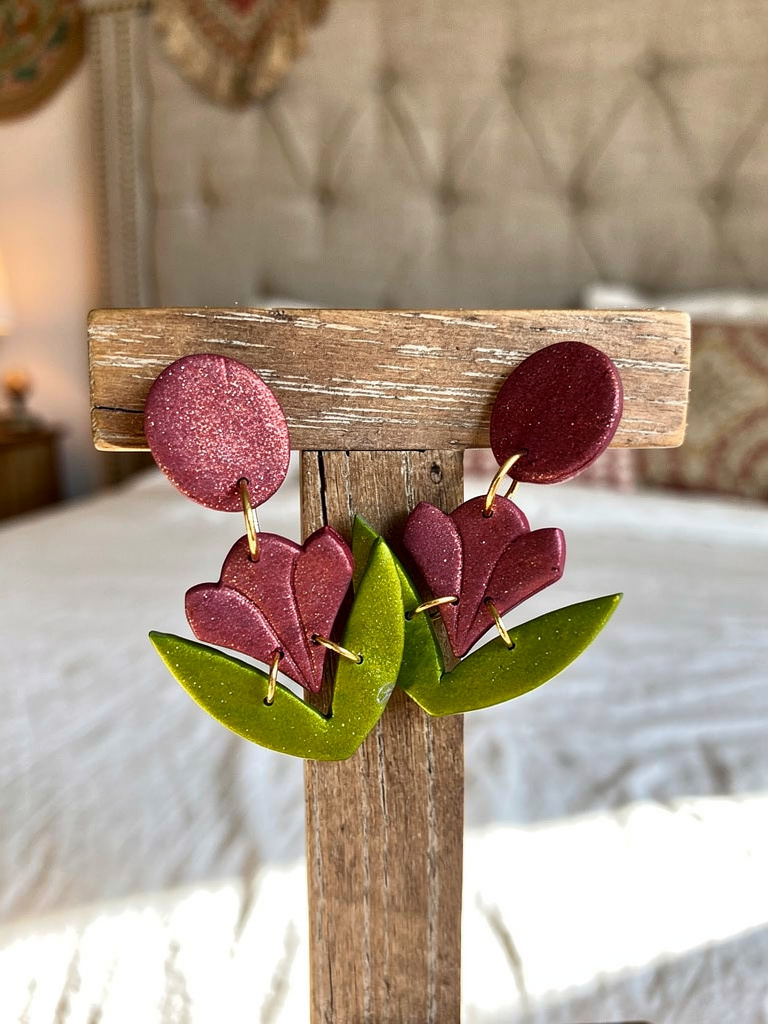 Berry Bloom Tulip Earrings – Handmade Floral Dangles